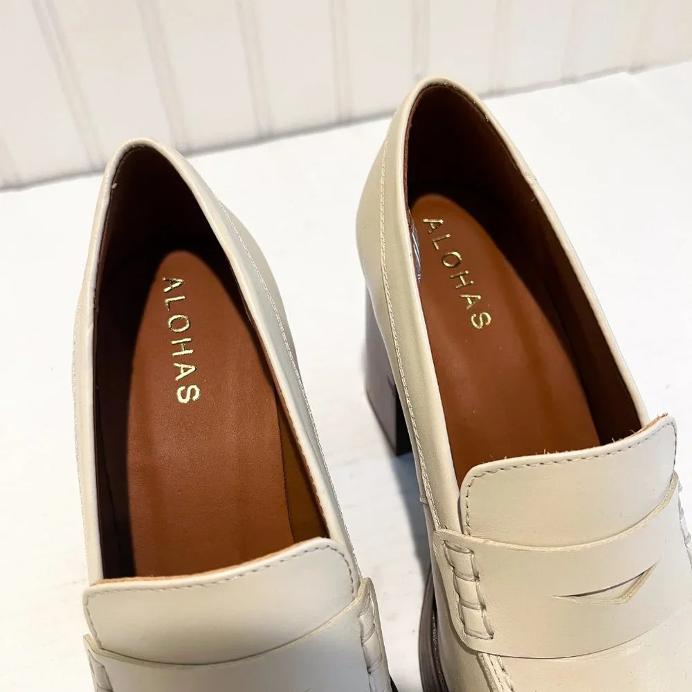 Alohas Busy Cream Square Toe Leather Academia Business Casual Loafer Heels 35 - Picture 4 of 13